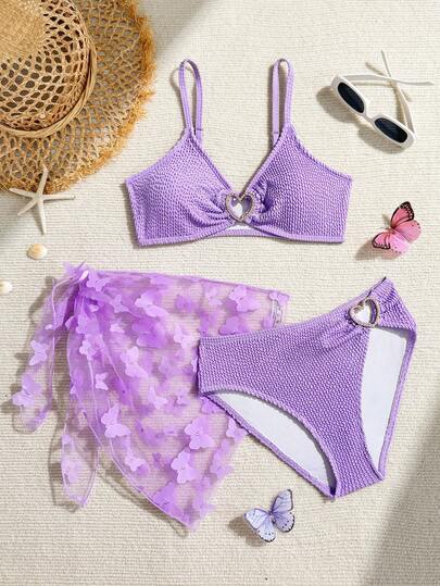 Tween GirlsCute 3 PiecesSwimsuit Set With Shawl/Ruffle Trim