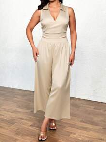 SHEIN Clasi Mono elegante de pierna ancha sin mangas de unicolor para mujer talla grande - Albaricoque - Ver 4