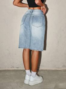 SHEIN ICON 女士休闲水洗宽松牛仔短裤 - 淺色水洗藍 - 查看 3