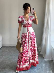 Elenzga Nuevo vestido de tela estampado con cuello en V, manga abultada y cierre en la cintura para mujeres, elegante y estilizador, adecuado para el estilo de Oriente Medio