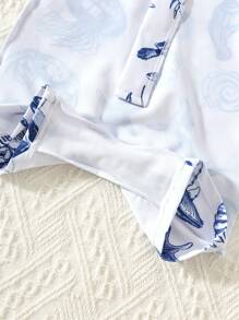 SHEIN 2pcs/Set Baby Swimwear & Sun Hat, Cute Vacation Ocean Shell Print Long Sleeve One-Piece Swimsuit, Casual Outfit For Baby Boy/Girl, Suitable For Spring/Summer Trips, Beach, Pool Party