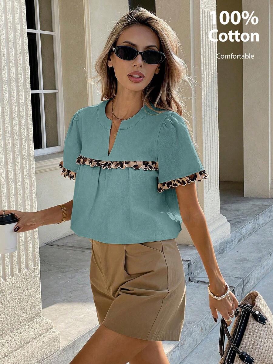 SHEIN Frenchy Women Short Sleeve Solid Color Blouse With Contrast Trim, Fashionable For Summer Casual Blue Elegant - Blue - View 1