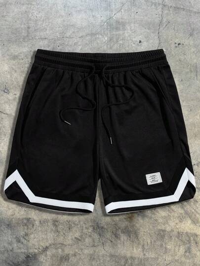 AXEPEAK Pantalones cortos holgados para hombre con detalle de parche con letras, ribete de contraste y cintura con cordón, para escuela