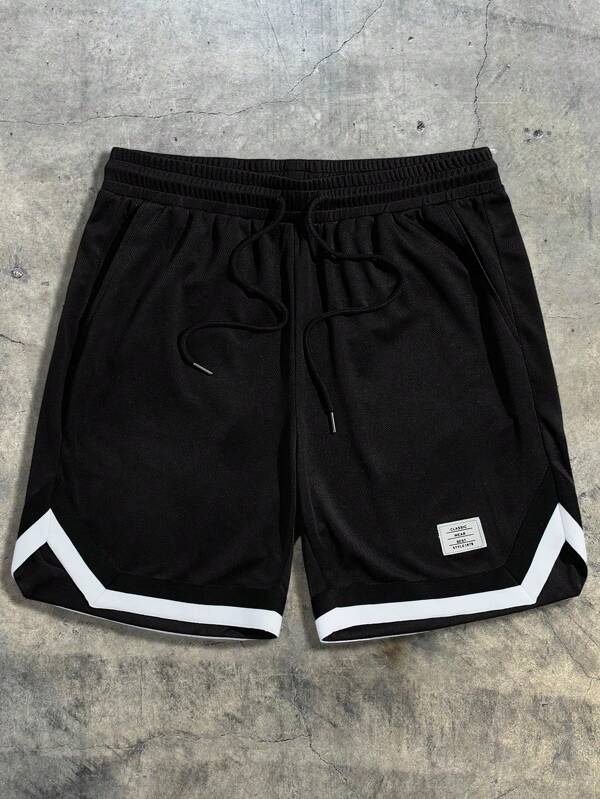 AXEPEAK Pantalones cortos holgados para hombre con detalle de parche con letras, ribete de contraste y cintura con cordón, para escuela