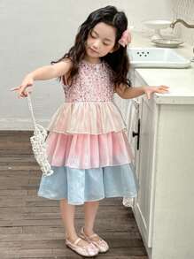 DAZY Vestido de fiesta de cumpleaños de cuello redondo con volantes de tul grueso para niñas (pequeño), de verano
