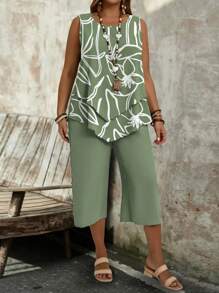 EMERY ROSE 2pcs/Set Plus Size Women Casual Vacation Green Stripe & Floral Print Set, Suitable For Summer Vcay Women Summer Sets,Vacation Outfits Woman,2 Pieces Summer Outfit Fall Clothes