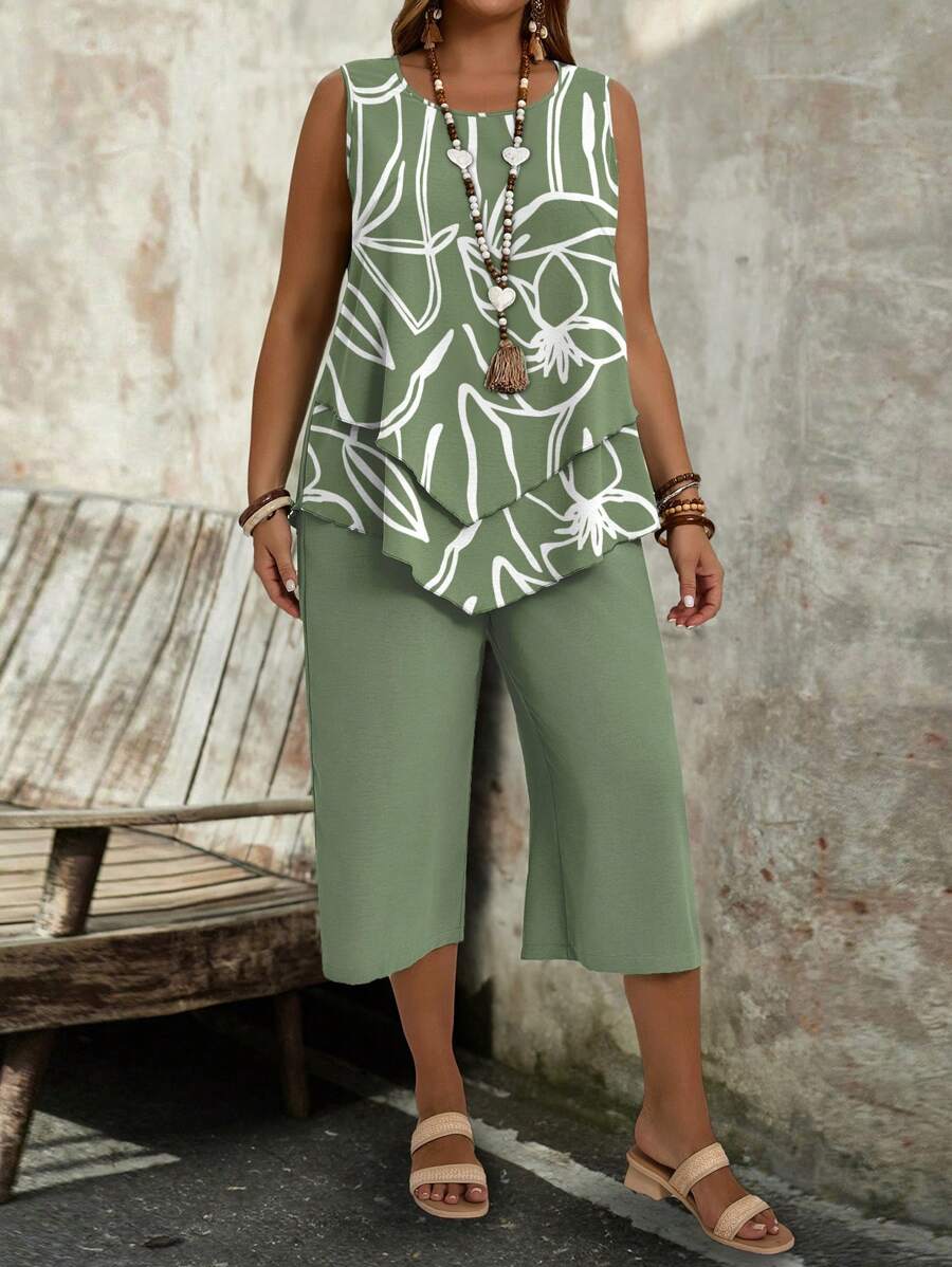 EMERY ROSE 2pcs/Set Plus Size Women Casual Vacation Green Stripe & Floral Print Set, Suitable For Summer Vcay Women Summer Sets,Vacation Outfits Woman,2 Pieces Summer Outfit Fall Clothes