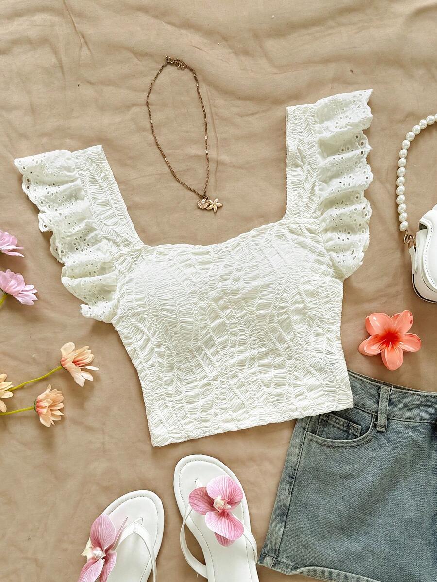 Soleia Women's U-Neck Cap Sleeve Textured Fabric T-Shirt, Embroidered Splicing, Suitable For Vacation, Music Festival, Bohemian, Holiday Dates, Afternoon Tea, Spring/Summer Ruffle Tops Croptop Lacey Top Summer Cute Tops - Apricot - View 1