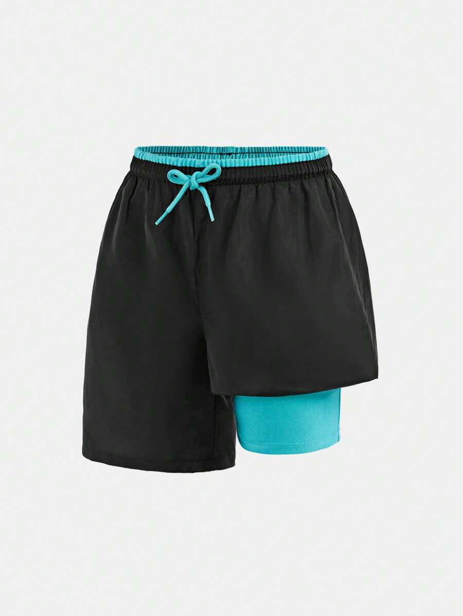 SHEIN 青少年男孩休闲二合一泳装和沙滩短裤，适合海滩派对、音乐节、冲浪、游泳，适合春夏季 - 黑色 - 查看 1