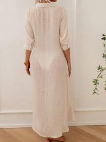 Swim Vcay 1pc Women's Solid Color Long Sleeve Kimono Cover Up, Fashionable For Summer - Apricot - View 3