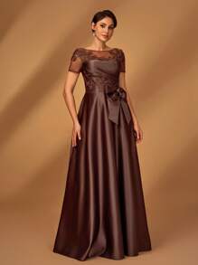 Serin Summer Elegant Gorgeous Romantic Coffee-Colored Mesh Splicing Satin Pleated Luxury Sequins Applique Short Sleeves Bow A-Line Hem Suitable For Dinner Bachelorette Party Date Holiday Dance Music Festival Wedding Event Evening Dress Bride Mother Dress, Valentine's Day - Coffee - View 4