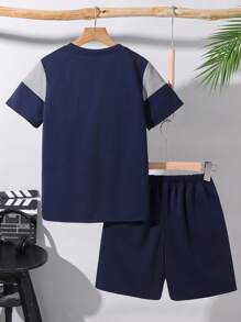 SHEIN Leap Crew 2-Pack Tween Boy Casual Sports College Round Neck T-Shirt And Shorts Set With Multi-Color Stitching Suitable For Kids Outfits Toddler Boy Clothes Back To School Boys Set Suitable For Birthday Parties, Evening Parties, Performances, Weddings, Baptisms, Opening Ceremonies Daily Suitable For Daily Use Suitable For School Suitable For Travel Suitable For Sports Suitable For Spring, Summer And Autumn Seasons - Royal Blue - View 4