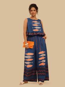 Travachic Conjunto informal de 2 piezas, informal, tipo vacacional y bohemio, con estampado, holgado, para mujeres de talla grande