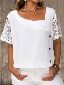 EMERY ROSE Blouse décontractée à manches courtes, couleur unie et ajourée, grande taille, pour les vacances d'été