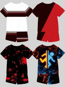 Boys Letter & Graphic Print Contrast Color Short Sleeve T-Shirt And Shorts Set - Black - View 2