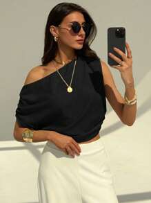 Aloruh Simple Commute Office Apricot Women Short Shoulder-Strap Fitted Blouse - Black - View 4