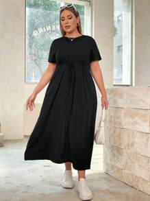 SHEIN Essnce Plus Size Women's New Summer Fashion Casual Solid Color Waist Strap A Hem (With Pockets) Long Short-Sleeved Dress - Black - View 5