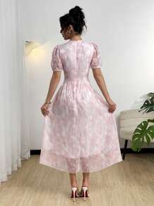 Modelyn Summer Elegant Jacquard Tie-Dye Print Puffed Sleeve Dress - Pink - View 2