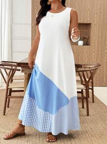 SHEIN Clasi 优雅通勤休闲条纹花卉女装时尚圆领无袖拼接长裙，柔软材质，蓝白相间，加大码，春夏秋 - 藍白色 - 查看 6