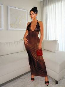 SHEIN SXY Vestido ajustado con cuello en V y encaje de contraste, Sexy