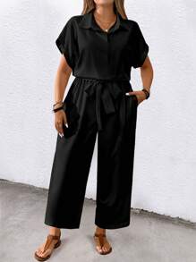 Joress Women's Plus Size Solid Color Short Sleeve Turndown Collar With Belt And Pockets Casual Jumpsuit