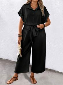 Joress Women's Plus Size Solid Color Short Sleeve Turndown Collar With Belt And Pockets Casual Jumpsuit