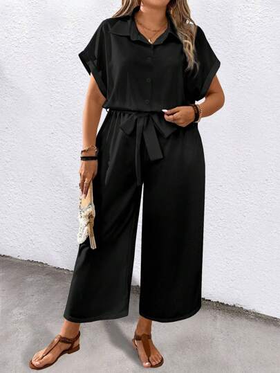 EMERY ROSE Women's Plus Size Solid Color Short Sleeve Turndown Collar With Belt And Pockets Casual Jumpsuit