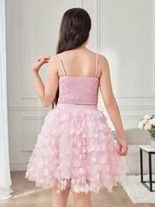 Tween Girl Woven Solid Color Big Bow Camisole Top & 3D Floral Skirt 2 Pieces Set, Cute Princess Dress - Pink - View 5