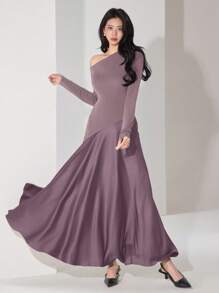 Heiryn Women Asymmetric Collar Patchwork Dress - Purple - View 6