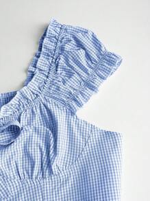 Sweetra Women's Short Sleeve Plaid Square Neck Collar Button-Up Shirt With Frill Trim And Bow, Suitable For Spring, Summer, Autumn - Blue and White - View 4