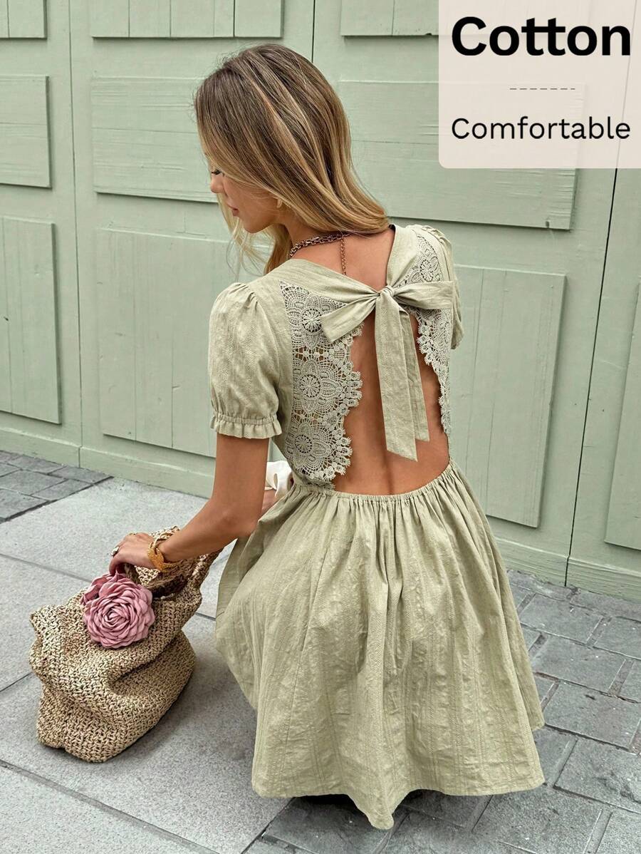 SHEIN Frenchy Women's Backless Lace Twist Cutout Puff Sleeve Mini Dress, Fashion Bow Dress Summer Green Christmas Beach - Green - View 1