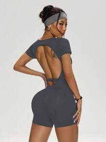 Easithlete Macacón deportivo sin espalda de unicolor y costura invisible para mujer - Gris - Ver 3