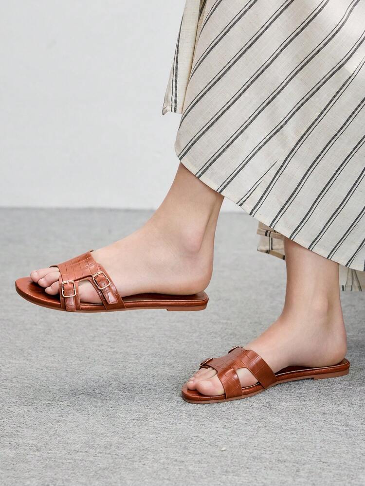 CUCCOO BIZCHIC Women's Brown Stone Texture Round Toe 1CM Chunky Heel Comfortable Flat Sandals
