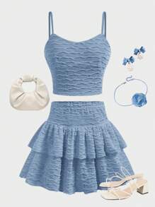 Girlism ملابس محددة من قطعتين للفتيات المراهقات - ملابس علوية كامي محبوكة نسيجية، وتنورة قصيرة متدرجة ذات ذيل مموج، بالأزرق، للربيع والصيف، كاجوال، ڤينتاج، أزياء الشاطئ