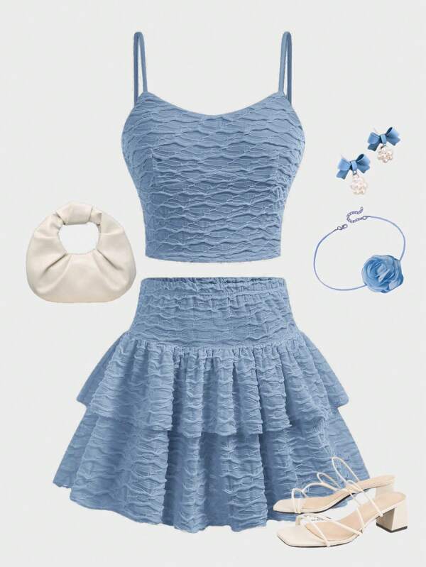 Girlism Teen Girls 2-Piece Outfit Set - Textured Knitted Cami Tank Top And Ruffled A-Line Skirt Shorts, Blue, For Spring And Summer, Casual, Vintage, Beach Holiday