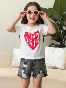 SHEIN 2件套年轻女孩休闲简约舒适圆领短袖T恤和牛仔短裤 - 白色 - 查看 1