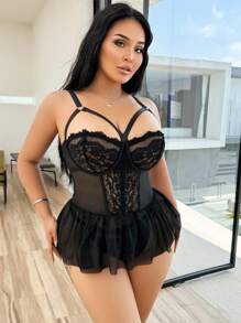 SHEIN 2pcs Plus Size Lace & Mesh Lingerie Set
