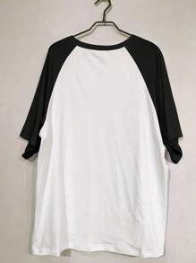 女款猫咪印花拼色插肩袖休闲 T 恤，夏季 - 黑色 - 查看 2