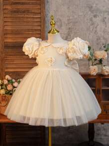 SHEIN Glamorique Kids Young Girl Princess Dress, Floral 3D Applique Tulle Puff Sleeve Birthday Party Wedding Holiday Gown, Apricot, Middle East & European Style, All Season - Apricot - View 3