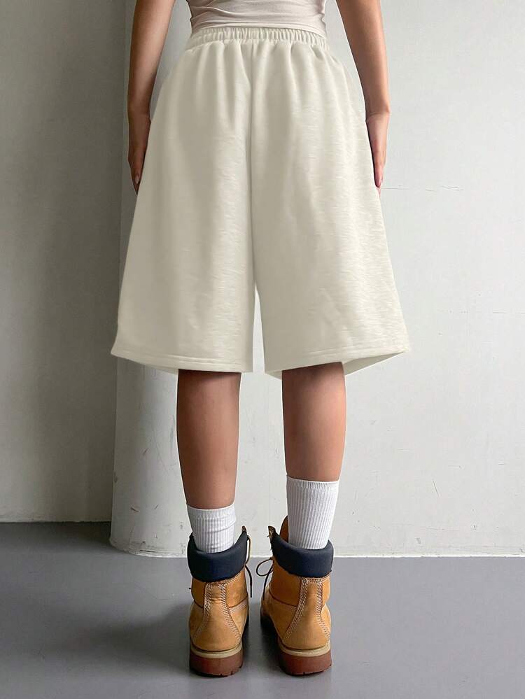 Women's Solid Color Elastic Waist Drawstring Shorts, Fashionable For Summer Sweater Shorts