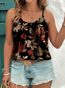 EMERY ROSE Casual Minimalist Elegant Leaf Print Plus Size Cami & Tank Top Suitable For Summer Women Summer Clothing  Woman S Summer Clothes Vcay,Vintage