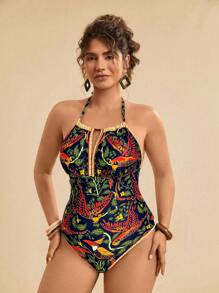 Travachic Plus Size Women Tropical Floral Plunge Cutout Monokini, Loose Fit Vacation Casual Swimwear