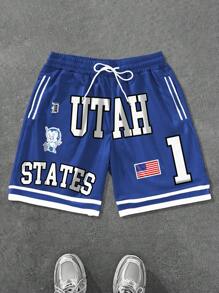 Manfinity EMRG 1pc Men's Shorts With Large White "UTAH" Letter Text, Left Side Features White Cartoon-Like Mascot Illustration, And White "1" Number Printed On Right Side Clothing Men Shorts Shorts Graphic Graphic Shorts Two Pieces Shorts Men's Shorts Outfits