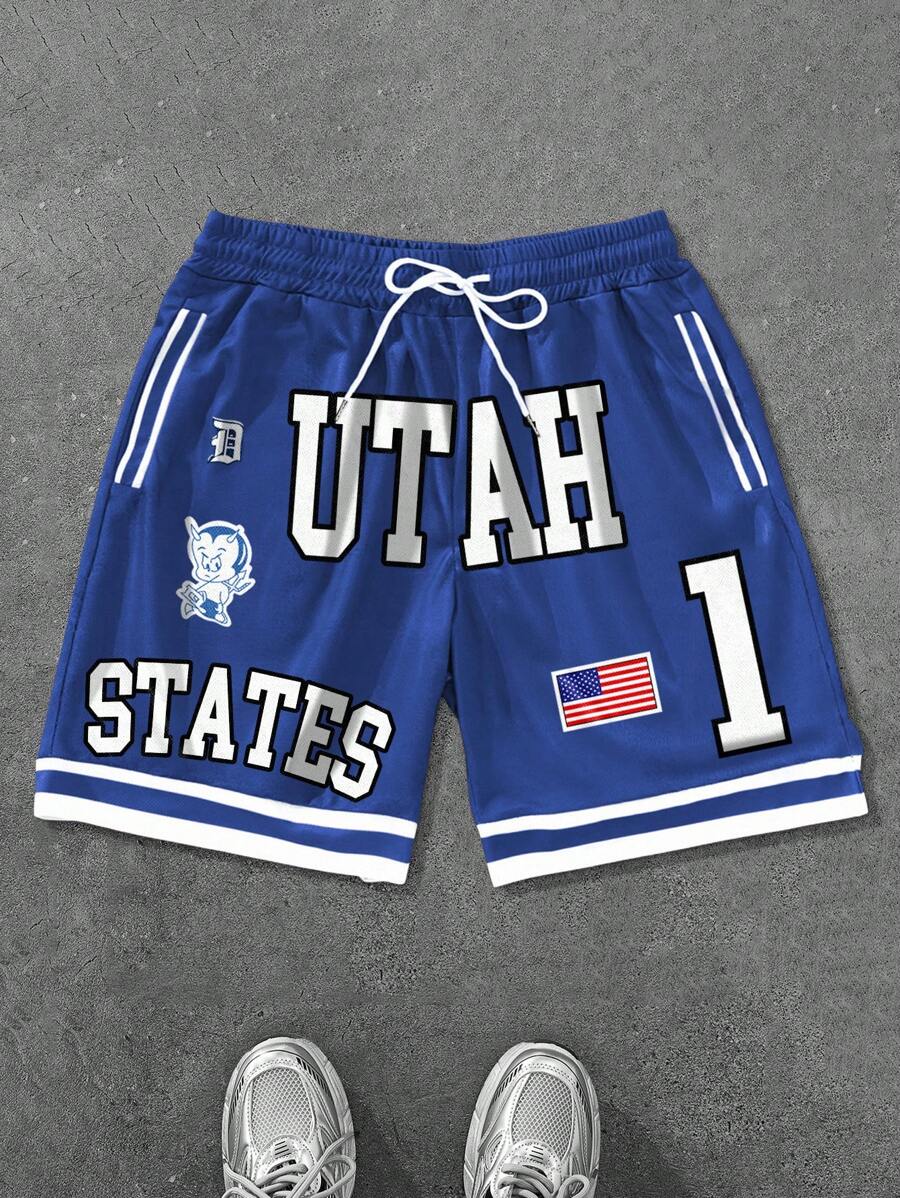 Manfinity EMRG 1pc Men's Shorts With Large White "UTAH" Letter Text, Left Side Features White Cartoon-Like Mascot Illustration, And White "1" Number Printed On Right Side Clothing Men Shorts Shorts Graphic Graphic Shorts Two Pieces Shorts Men's Shorts Outfits