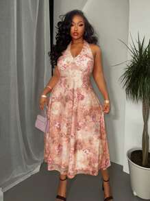 Slaydiva 2025 Spring/Summer New Arrivals Elegant & Romantic Sexy Party Mini Dress, Full Floral Print Halter Neck Beach Resort Dress, Plus Size - Multicolor - View 1