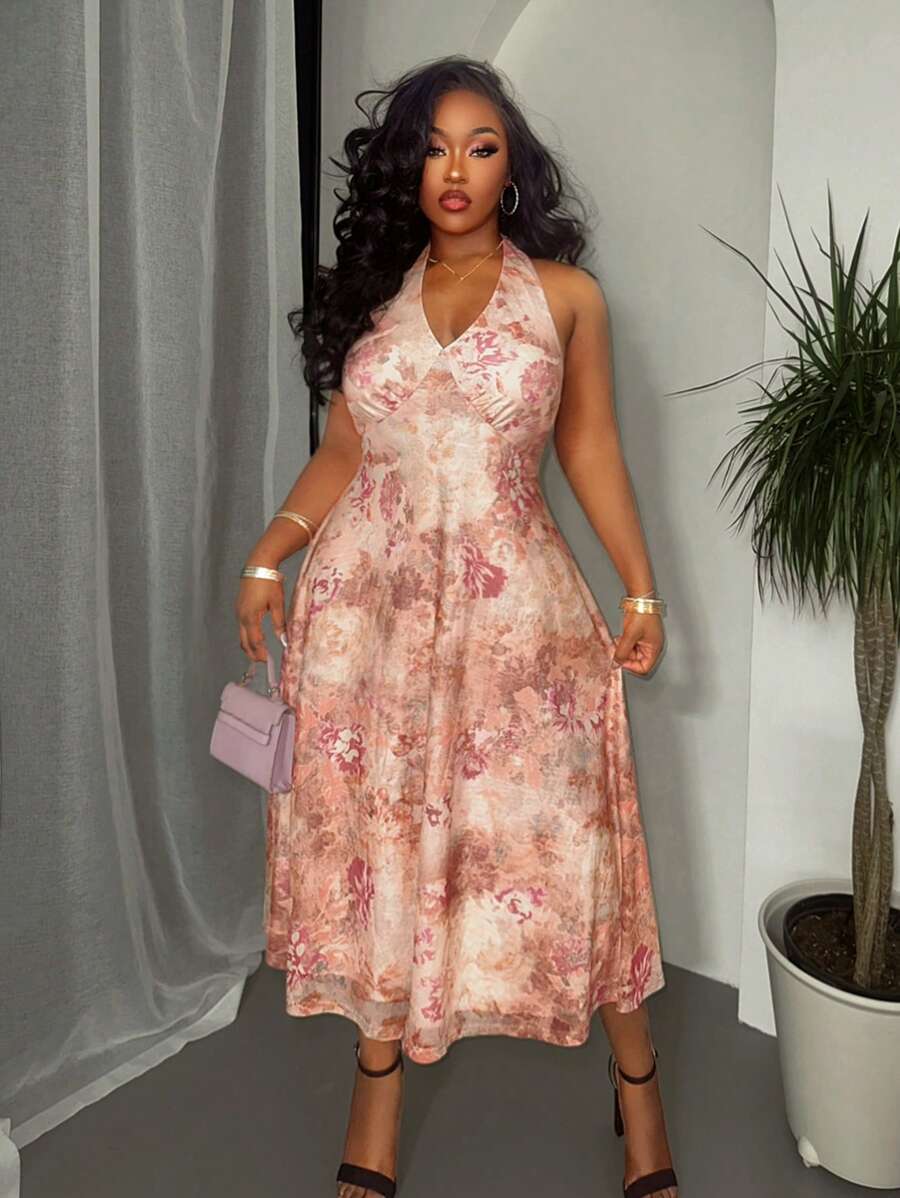 Slaydiva 2025 Spring/Summer New Arrivals Elegant & Romantic Sexy Party Mini Dress, Full Floral Print Halter Neck Beach Resort Dress, Plus Size - Multicolor - View 1