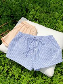 Comfortcana 2pcs/Set Women Linen Striped Shorts, Fashionable Summer,Linen Pants - Multicolor - View 4