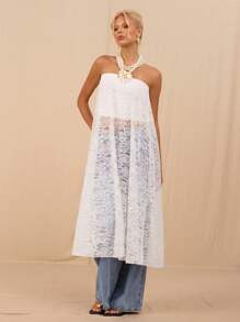 SHEIN Forever 21 Summer Women Prom/Formal/Beach/Vacation/Cute/Western Wear/Business Casual/Elegant/Birthday/Going Out/Club/Office Outfits/Festival/Rave/Work Clothes/Classy/Country Concert/Brunch/Cruise/Old Money/Airport/Modest/Church/Fairycore/ /Tea Party/Y2k/Streetwear/2000s/Disco/Spring Break/Graduation/Wedding Guest/Cocktail/Vintage/Bodycon/Resort/Wear The White Lace Dress Top Twice - White - View 5
