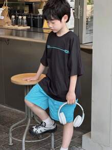 2pcs/Set Tween BoysBlack Knit English Print Top & Woven Shorts Set, Korean Style Streetwear - Multicolor - View 2