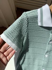 SHEIN 2 件套男婴舒适休闲拼色 Polo 领短袖衬衫和短裤套装，适合春夏季室内、户外、日常、运动、玩耍、派对、拍照、度假、节日 - 綠色 - 查看 5